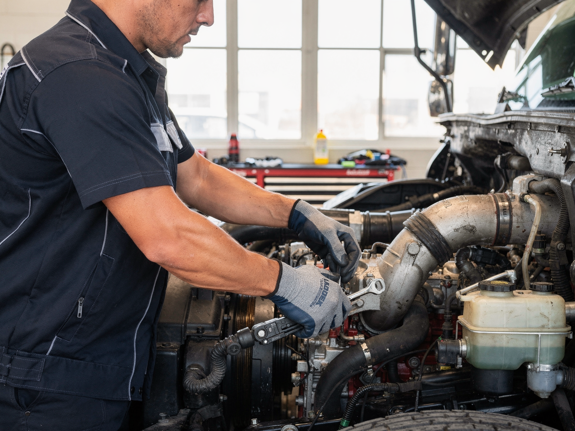 An ASE-certified technician working on a heavy-duty diesel truck engine in a bright shop