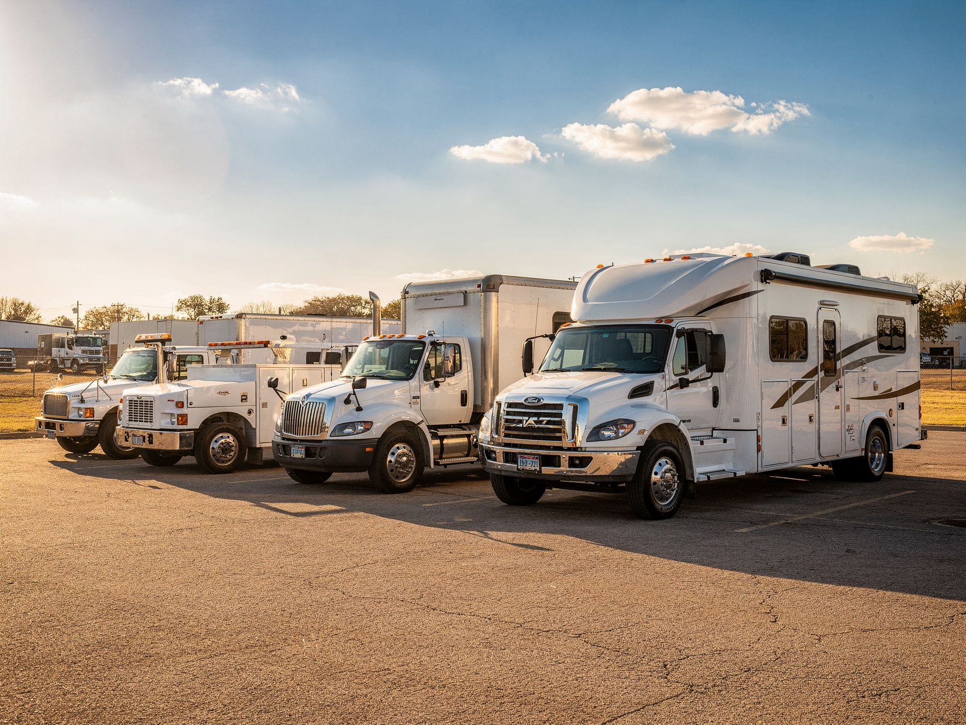 A row of box trucks, a tractor unit, and an RV parked in bright daylight