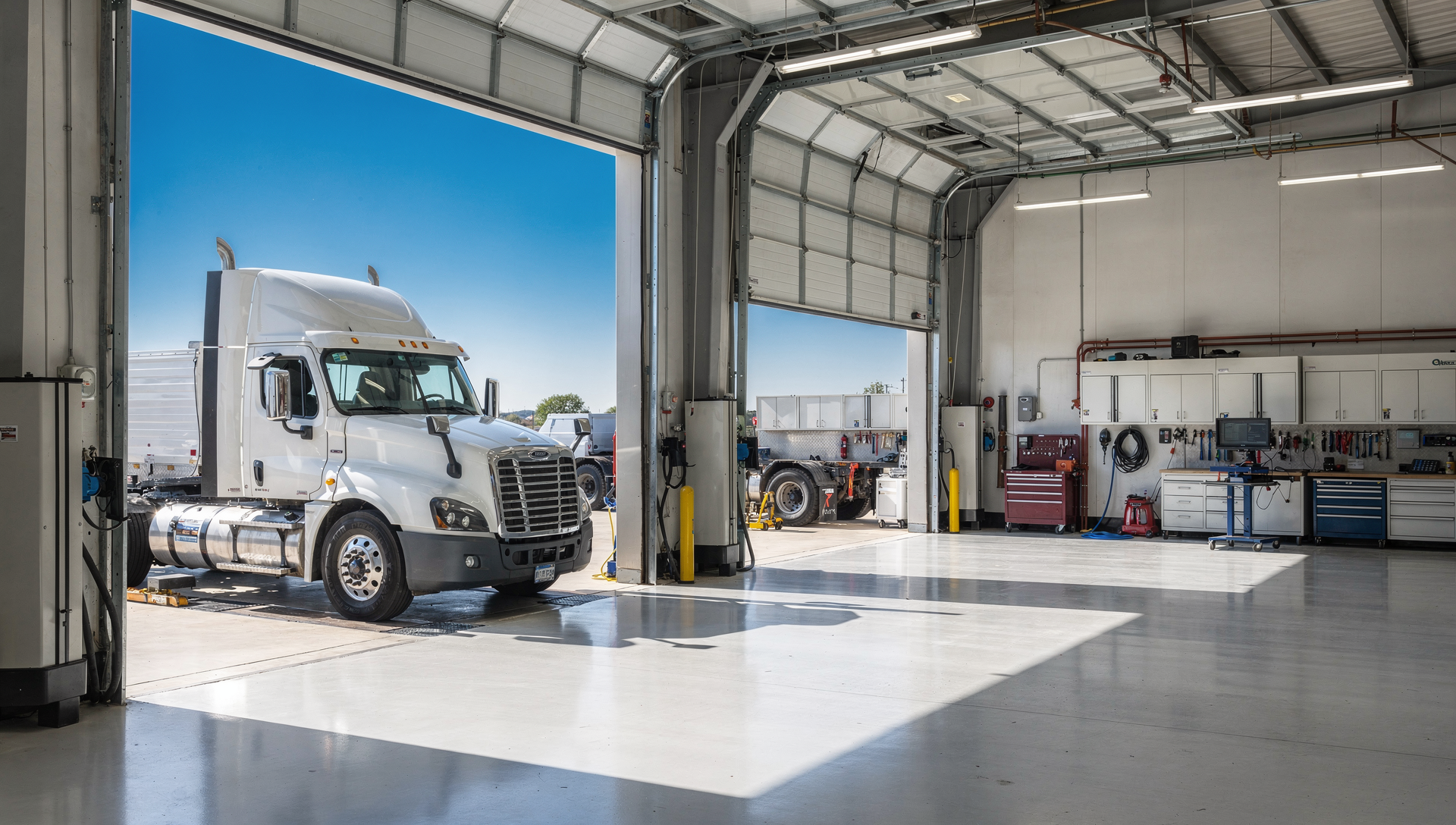A heavy-duty truck pulled into a bright open service bay at Fleet Maintenance of Texas in Austin