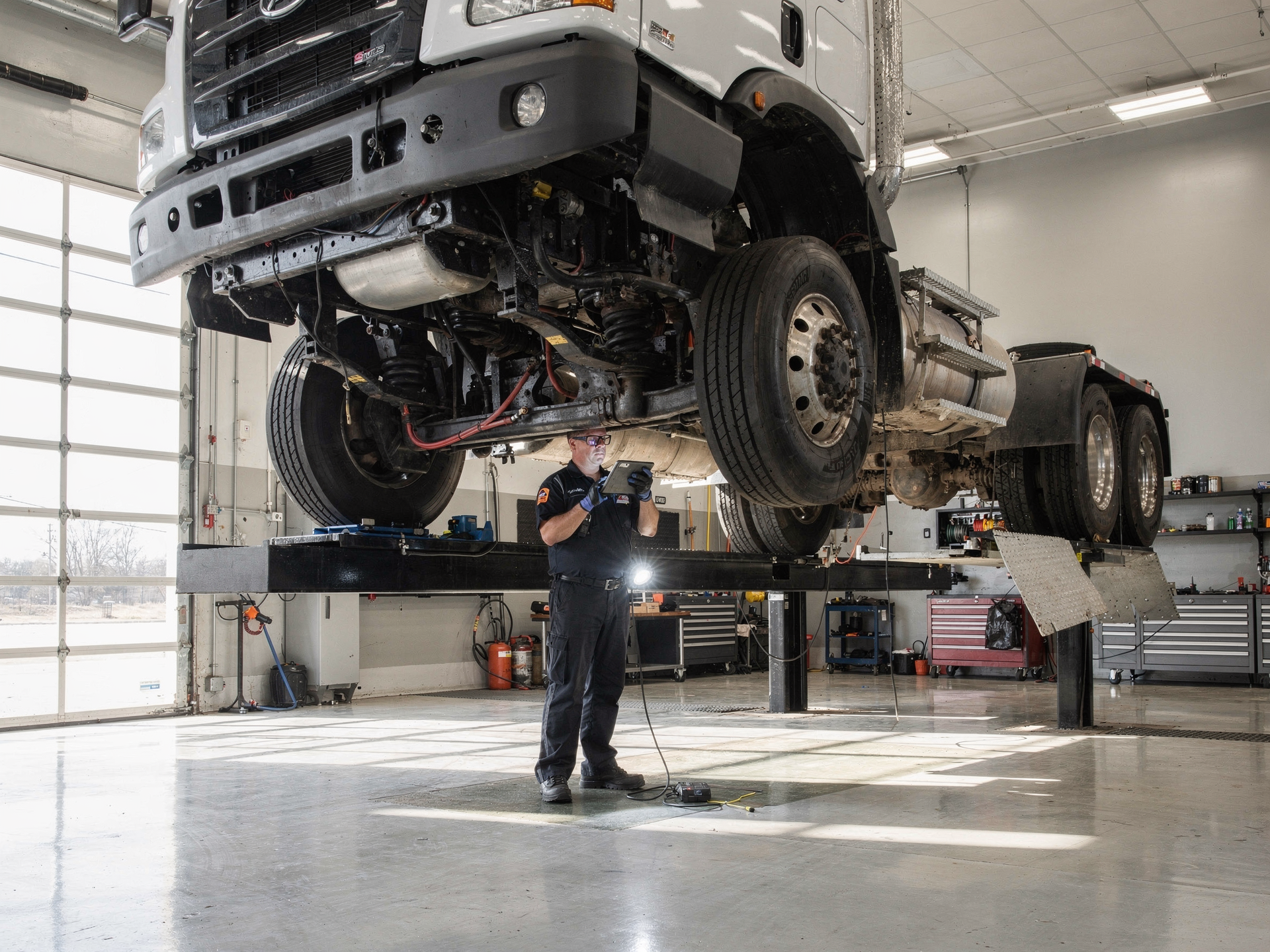 A heavy-duty truck raised on a lift while a technician performs a DOT inspection underneath