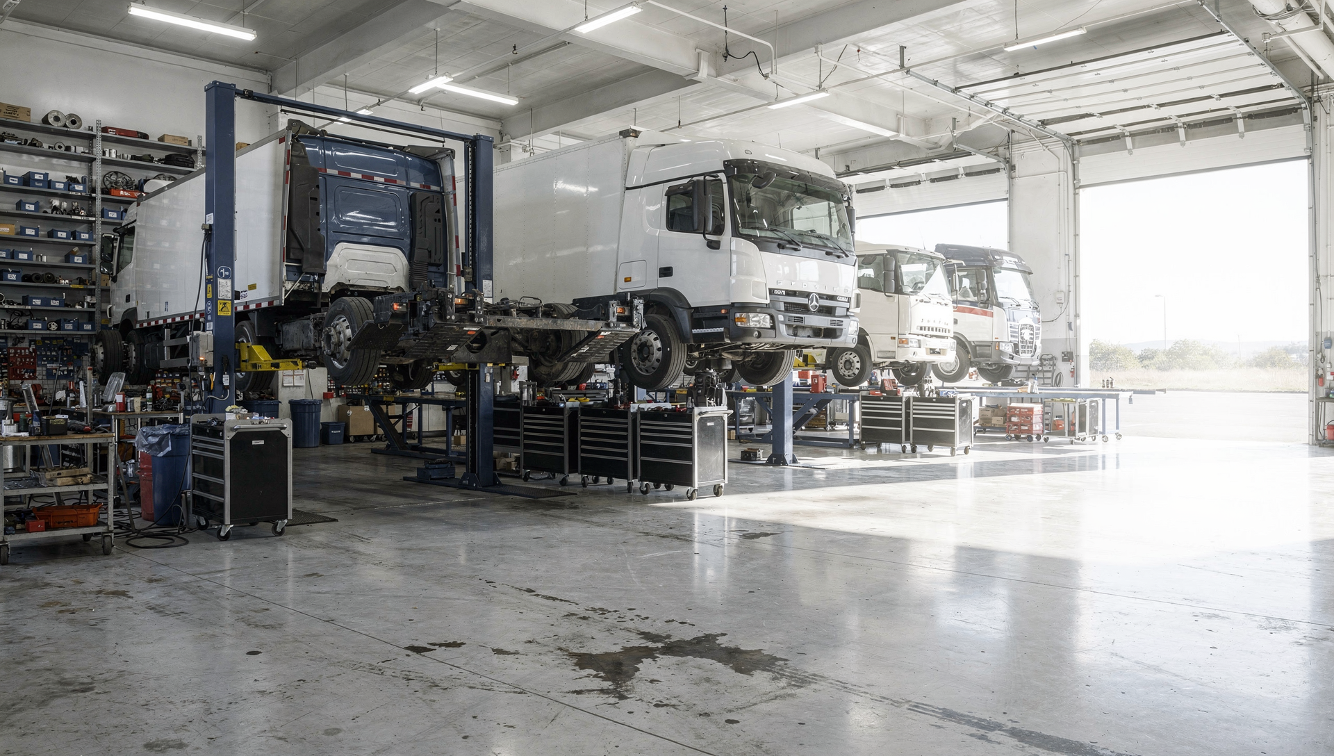 A clean, organized heavy-duty truck repair shop with trucks on lifts in bright daylight